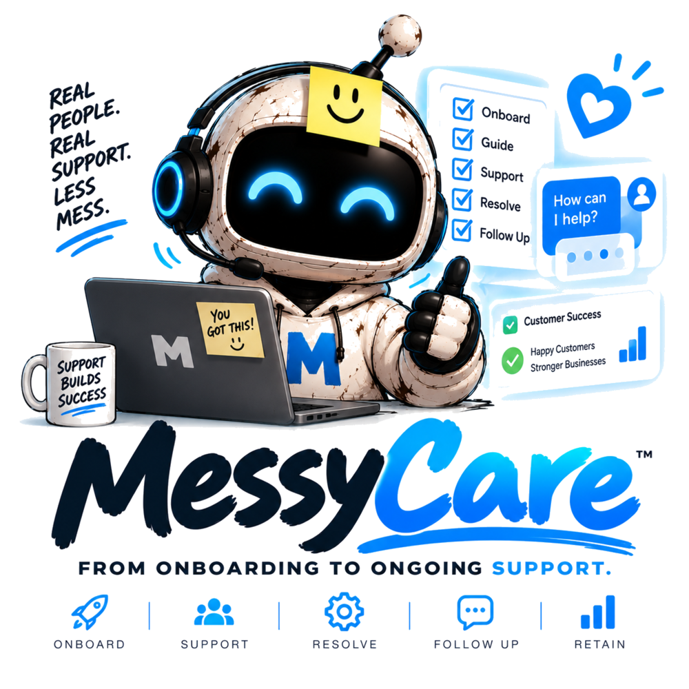Messy, the MessyCare support assistant, working at a laptop